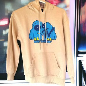 MTV Logo Hoodie Sweatshirt Size Small Tan Color Blue Monster Logo On Front 80s